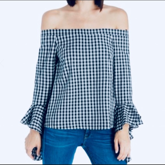 1.State Off the Shoulder Black/White Cascade Top - Picture 1 of 8